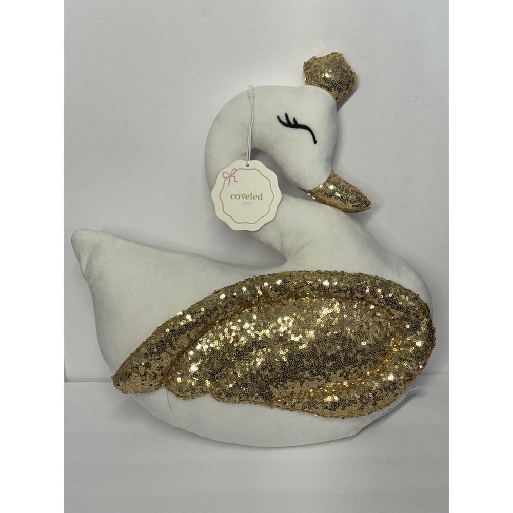 White Plush Swan Shaped Accent Pillow Gold Sequins NWT Coveted Home Decor